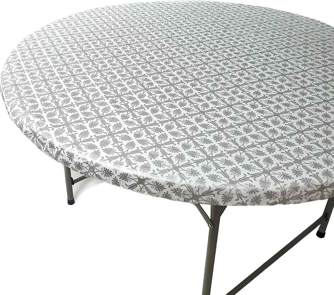 Fits Tables up to 55" to 60" Inch Round Tablecloth Elastic Silver Patterned Large Round TableCover Wedding Plastic Vinyl Fitted Table Cloth Flannel Backing Holidays Xmas Outdoor Party