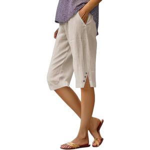 Cotton Linen Capri Pants for Women Petite Bermuda Shorts Knee Length Drawstring Pants Summer Beach Long Shorts (Beige, XL)