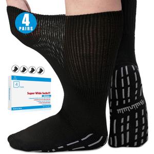 Bulinlulu Extra Width Diabetic Socks Men Women-4 Pairs Wide Edema Sock for Swollen Feet,Non Slip Cast Bariatric Socks 13-15 (Black)