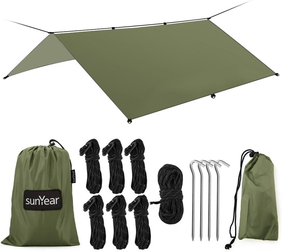 Hammock Rain Fly Tent Tarp Provides Effective Protection Against Rain, Snow. 32ft Long Ridgeline. Big 9.8x9.5ft Durable, Waterproof 210D Oxford. 6 Reflective Guy Lines, 2 Stuff Sacks. Easy Assembly, Green
