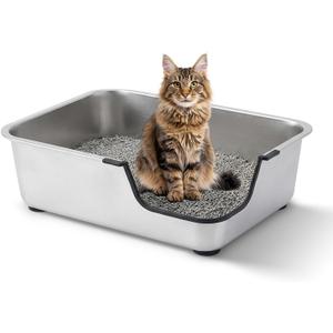 Stainless Steel Cat Litter Box, 19.5"L x 13.6"W x 6"H Metal Cat Litter Box with Low Entry for Senior, Injured Cats Anti-Slip Non-Stick No Odor Easy to Clean for Most Cats with Weight of 22Ibs or Less