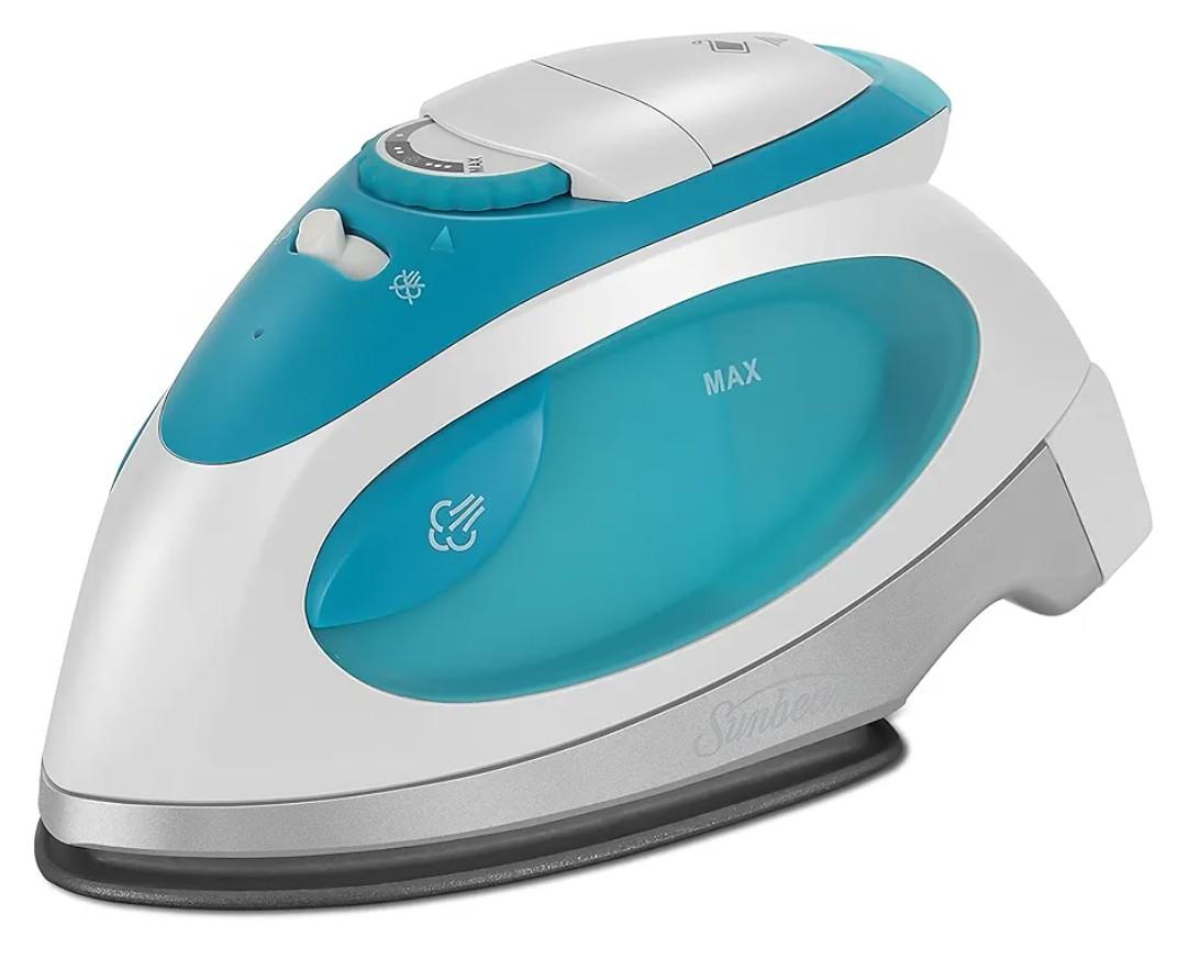 Sunbeam Travel Steam Iron, 1080 Watt, Dual Voltage 120/240, Compact Size, Portable, Non-Stick Soleplate, Soft Touch Handle, Horizontal or Vertical Use, Travel Bag, White and Teal