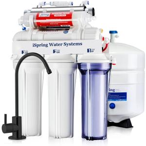 iSpring RCC7AK-UVBLK, NSF/ANSI 58 Certified, Alkaline and UV 7-Stage Reverse Osmosis Water Filter System, Clear Housing for Easy Filter Inspection, Reduces PFAS, TDS, Chlorine, Lead, pH+ (Sleek Black Faucet)