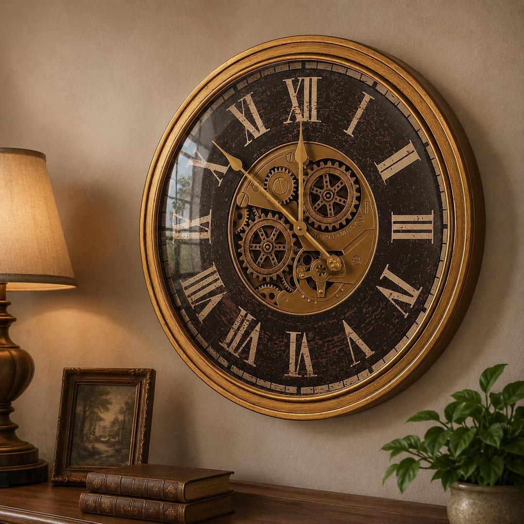 Large Real Moving Gears Wall Clock 24 Inch,Roman Antique Brass Brown