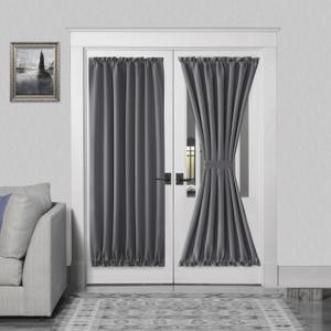 DWCN French Door Curtains  Rod Pocket Thermal Blackout Curtain for Doors with Glass Window, Kitchen and Patio Doors for Privacy, 54 X 72 Inches Long, 1 Curtain Panel with Tieback, Grey