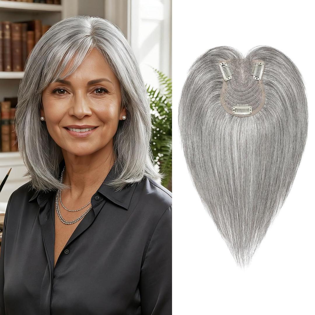 SEIKEA Hair Toppers for Women Real Human Hair with Wispy Bangs, 10" Ultra-light Breathable Hairpiece for 3.5''x2.7'' Mild Thinning Hair, Hand-Tied Scalp Hairpieces for Daily Wear & Gray Hair Coverage