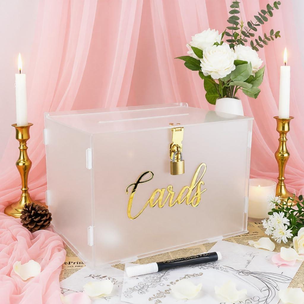 11" Acrylic Wedding Card Box with Lock, Frosted Gift Card Box for Wedding Decorations for Reception, Honeymoon Fund Money Box for Bridal Shower Decorations Party Reception Anniversary