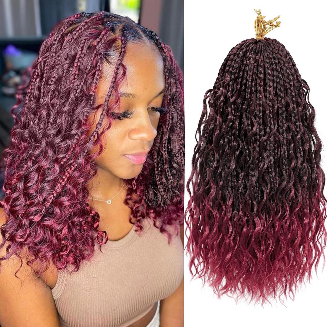 Burgundy Crochet Braids 12 Inch 7 Packs Goddess Box Braids Crochet Hair Omber Red Boho Crochet Braids with Curly Ends Synthetic Bohemian Braiding Hair Extensions (1B/Bug)