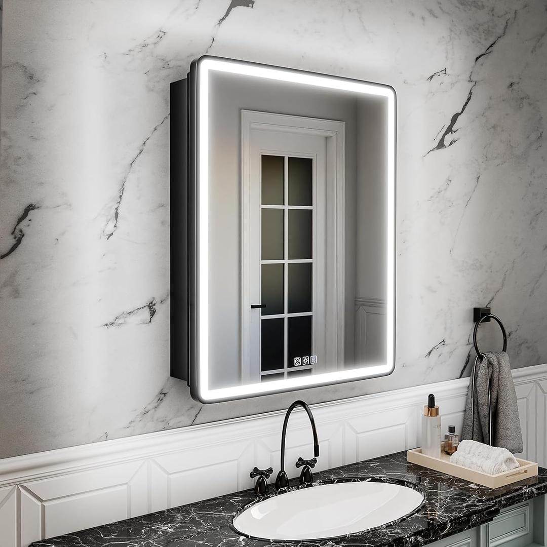 24x30 Lighted Medicine Cabinet with Mirror, Sand Black Frame,3 Colors Temper dimmable,led Medicine Cabinet with Mirror defog,stepless dimming,Surface or Recessed Mount,Door Right Open