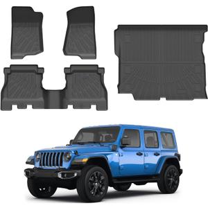 Powerty Floor Mats Cargo Liner for Jeep Wrangler JL Gas 2018-2026 Unlimited 4-Door with Subwoofer (Non JK or 4XE) All Weather 3D TPE Anti-Slip Car Protection, 1st & 2nd Row Set Accessories