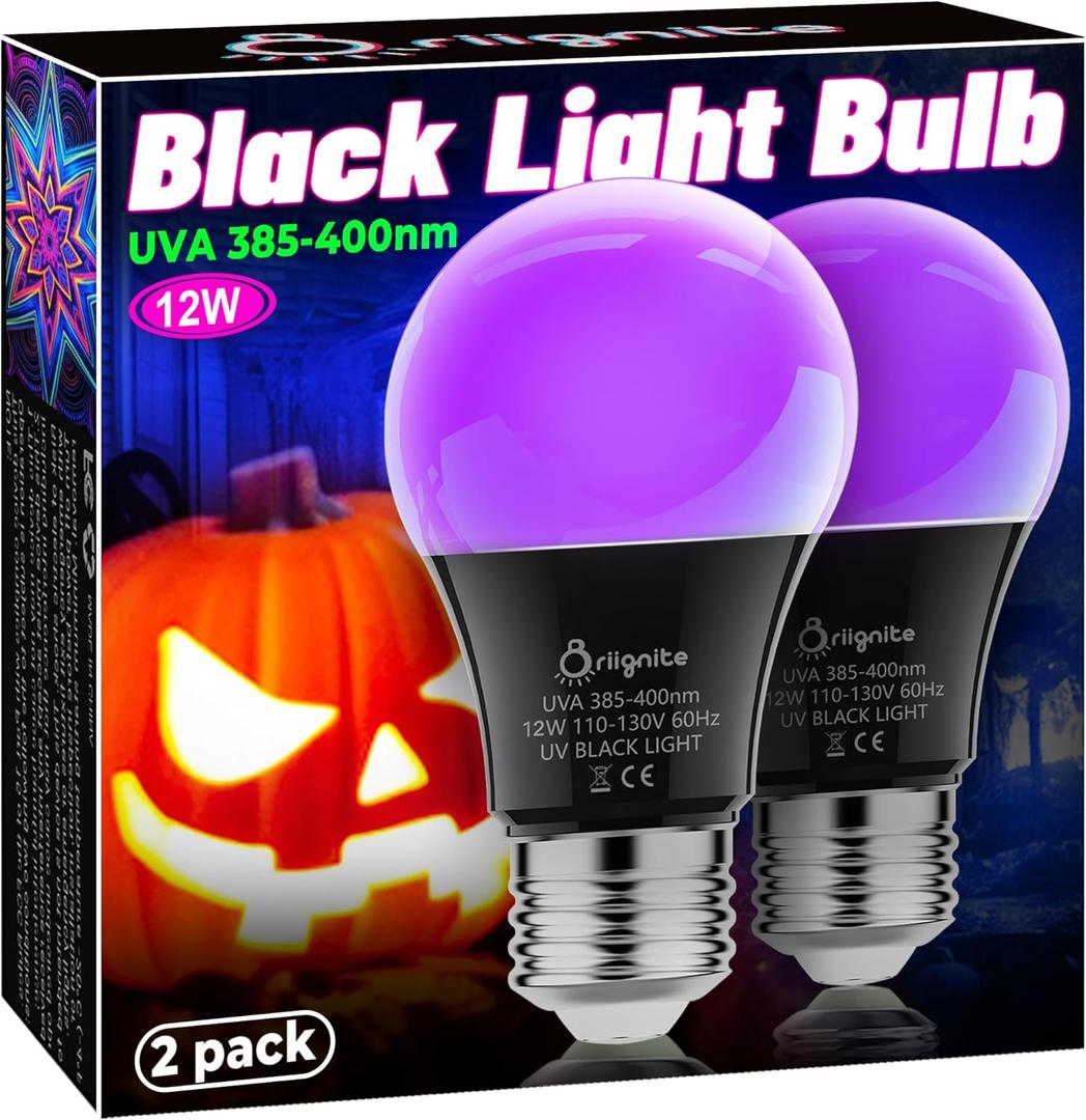 Black Light Bulbs, 12W LED Black Light Bulb for Halloween Decoration, UVA 385-400nm UV Black Light, A19 Blacklight Bulb for Glow in Dark, Body Paint Poster Glow Party, 2 Pack