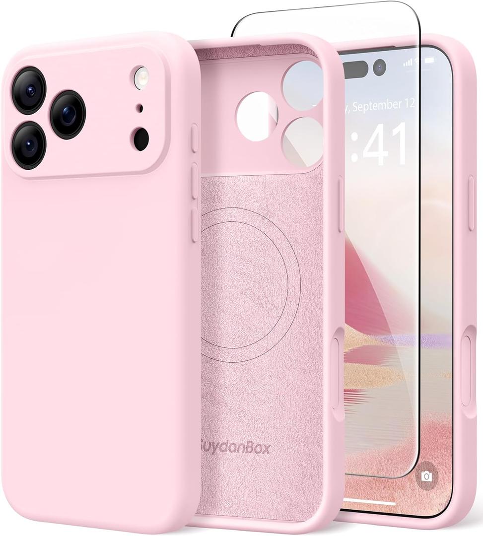 Magnetic for iPhone 17 Pro Max Case, Compatible with MagSafe, [Full Camera Protection][Screen Protector] Silicone Shockproof Protective Phone Case for iPhone 17 Pro Max 6.9", Chalk Pink