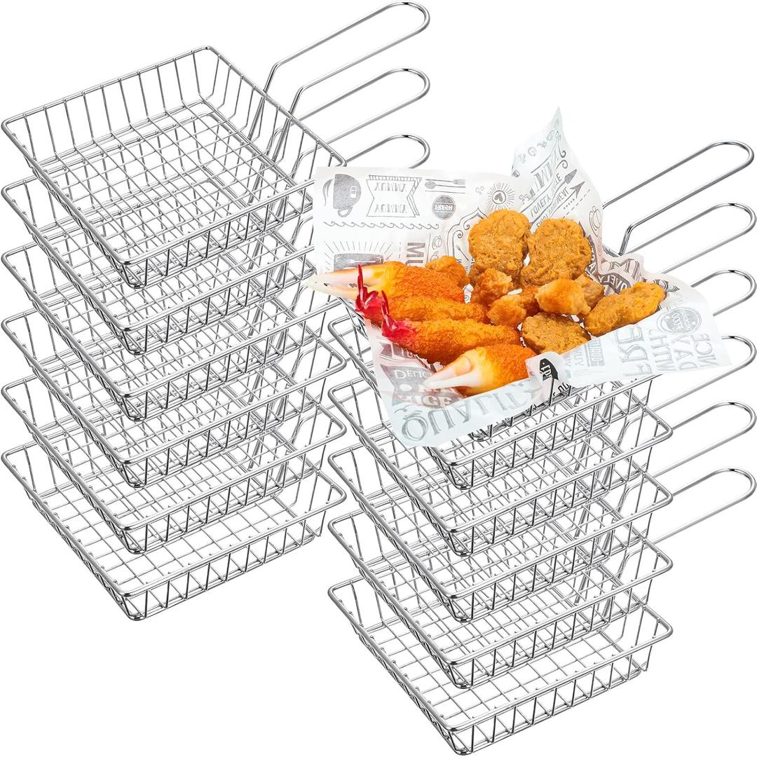 12 Pack Mini French Fry Holders Bulk, 5.9 x 5.9 Inch French Fries Baskets with Handle, Mini Fry Serving Wire Baskets for Kitchen Restaurant and Party Table Use