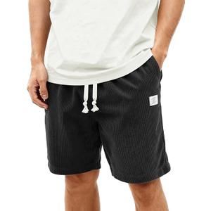 Men's Corduroy Shorts Casual 7 Inch Elastic Waist Drawstring Lightweight Summer Beach Shorts with Pockets Black (Black, S)