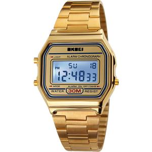 PASOY Men's Digital Gold Stainless Steel Watch Backlit Multifunction Stopwatch Waterproof Sport Watches