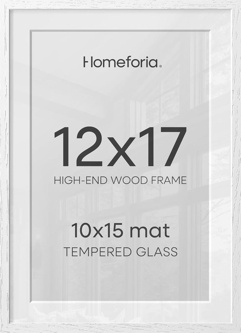 Homeforia 12x17 White Oak Picture Frame, High-End Wood, 10x15 Mat, Glass