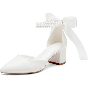 Women's Block Heels Wedding Shoes,Pearl Satin Pumps Heel for Women,Low Chunky Sandals Ankle Strap Wedding Dress Pump Shoes Sandals (10, Ivory)