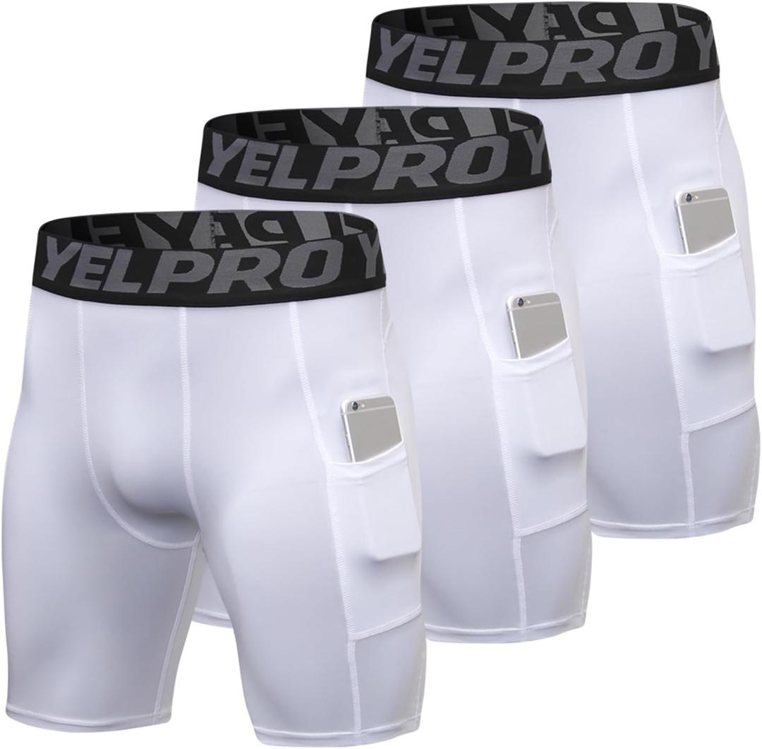 Men's Athletic Compression Shorts Spandex Running Workout Underwear Tight Shorts with Pockets Active Base Layer (White-3pc)