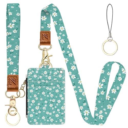 Green Flowers 2-in-1 ID Badge Holder & Lanyard Wallet for Teachers, Nurses,Professionals-Cute Zippered Coin Pouch, Removable Wristlet & Neck Lanyard,5 Card Slots Stylish Work Essential 2