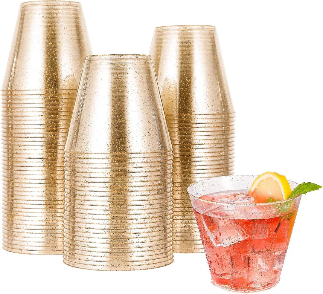 JOLLY CHEF 100 Pack 9 oz Gold Plastic Cups, Disposable Gold Glitter Plastic Cups Perfect for Wedding Thanksgiving, Christmas Party Cups