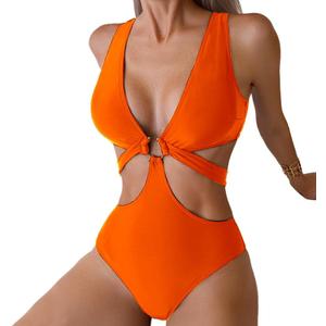 Women's Deep V Neck One Piece Swimsuit O-Ring Swimwear Sexy Cut Out Bathing Suit (Large) Orange