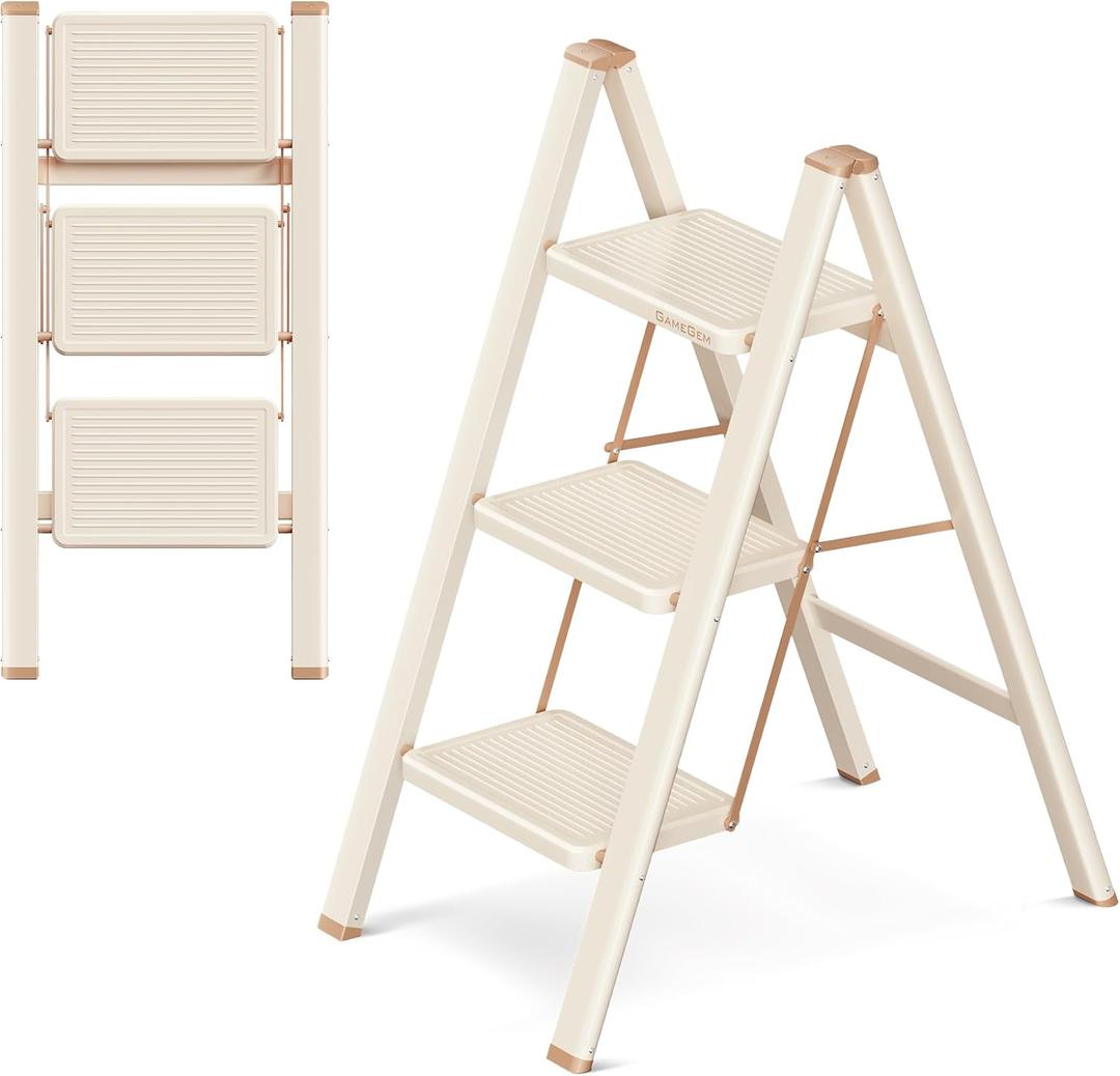 3 Step Ladder Folding Step Stool with Wide Anti-Slip Pedal, 330LBS Capacity, Lightweight Portable Stepladder for Home and Kitchen Use, Cream Chocolate