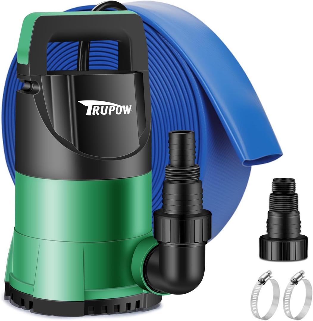 TRUPOW Sump Pump 1 HP Submersible Water Pump With 25ft. Hose Kit 3980 GPH Thermoplastic Portable Electric Utility Pump for Swimming Pool Garden Basement Tub Pond Draining