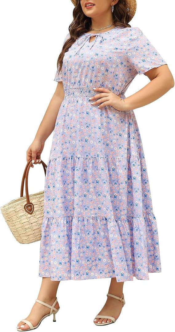 Keluummi Plus Size Maxi Dress for Women V-Neck Floral Empire Waist 3/4 Sleeve with Pockets