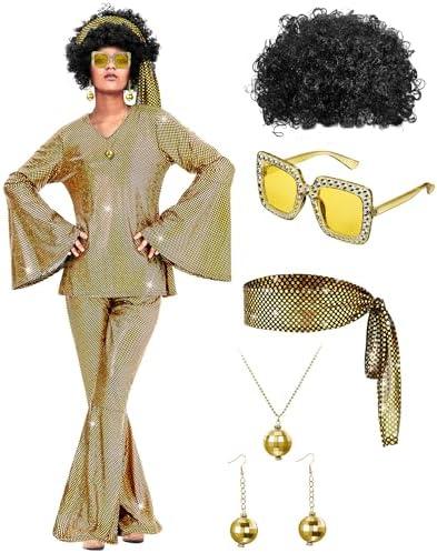 Jexine 70s Women Disco Outfit Costume Disco Party Top Pants Sunglasses Ball Necklace Earring Wig for Halloween New Year Eve 3XL