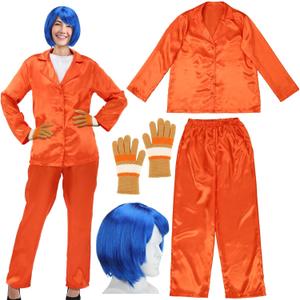 4 Pcs Halloween Horror Movie Costume Accessories Set, Womens Pajamas Set Orange Outfit, Blue Wig, Striped Gloves for Women Cosplay Party