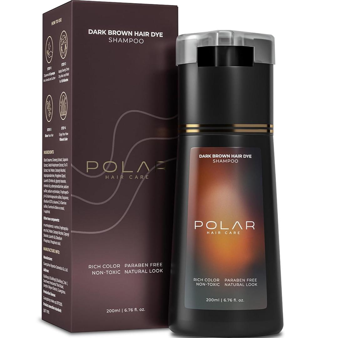 Polar Haircare - Dark Brown Shampoo Hair Dye Shampoo for Women - Unisex Gray Hair Semi-Permanent Hair Dye - Natural Coloring Kit - Quick Application, Skin-Safe Product for Any Age - 6.76 Fl Oz Color