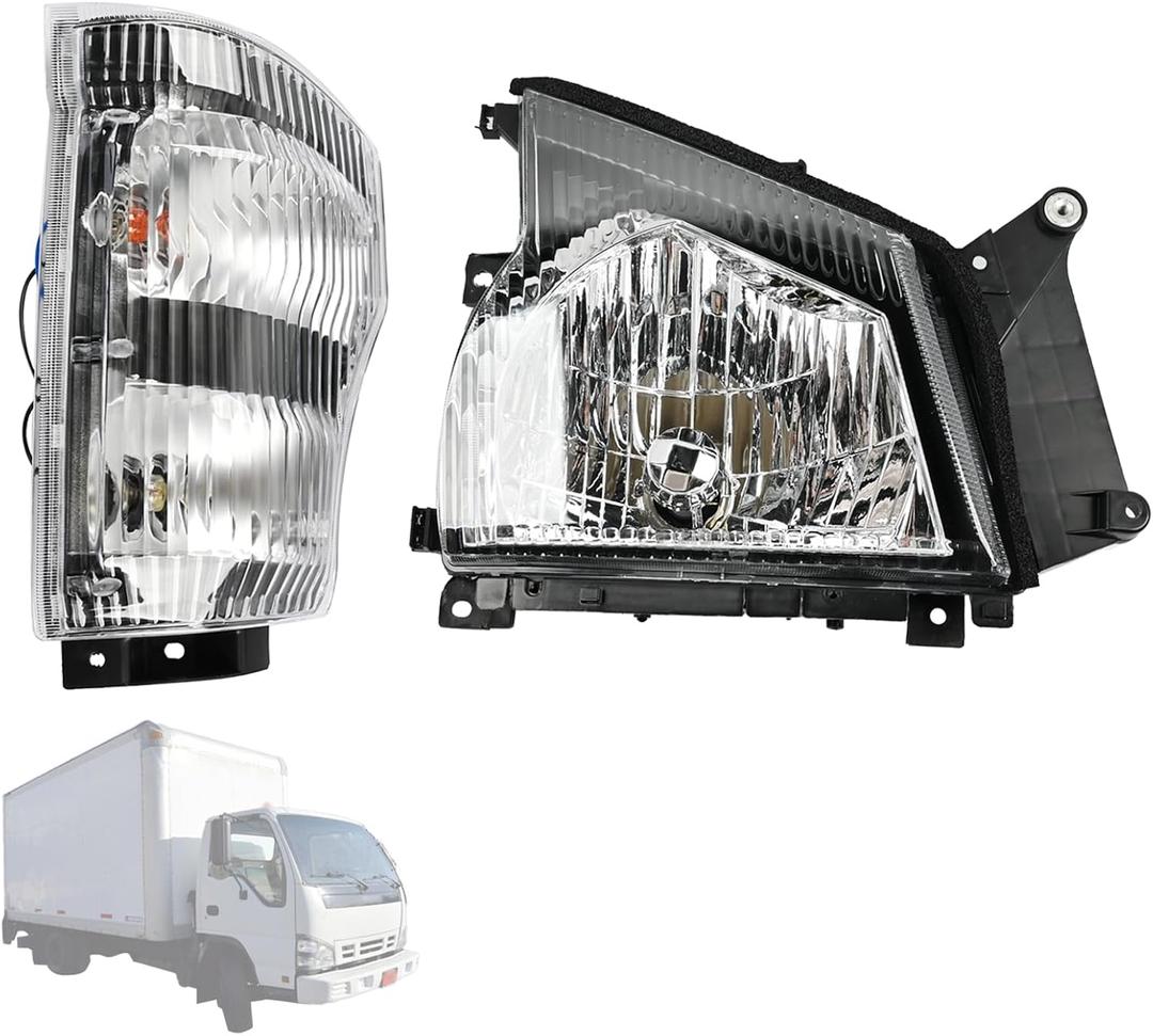 Headlight & Corner Lamp Right Side Fit for Isuzu NPR NQR 2004-2007 Fit for GMC W-4500 2005-2007 Replace 8-97376-912-3 8-98010-894-0 Headlamp w/Corner Light Wiring Harness Passenger Side