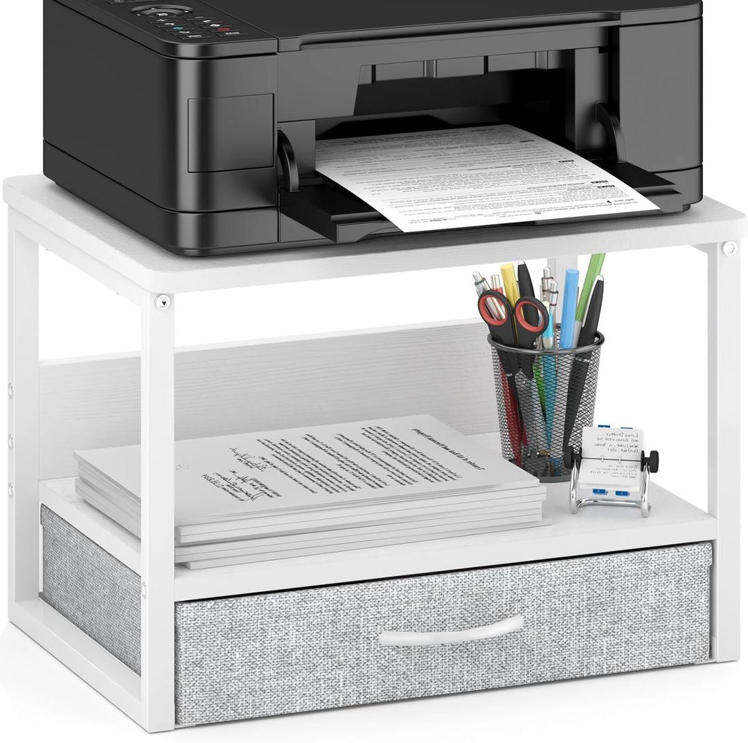 MARTY Printer Stand with Storage Drawer for Desk, 2-Tier Desktop Printer Stand Shelf Organzier for Home Office Printer Riser Under Desk Small Printer Table for Fax Machine Copier Scanner (White)