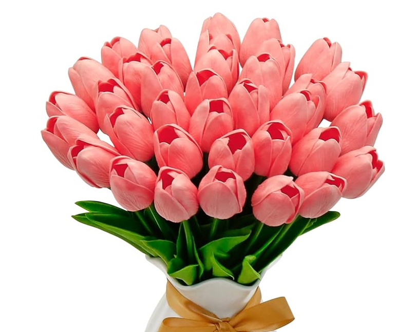 36 PCS White Tulips Artificial Flowers 13" PU Fake Flowers for Wedding Home Decor (Pink)
