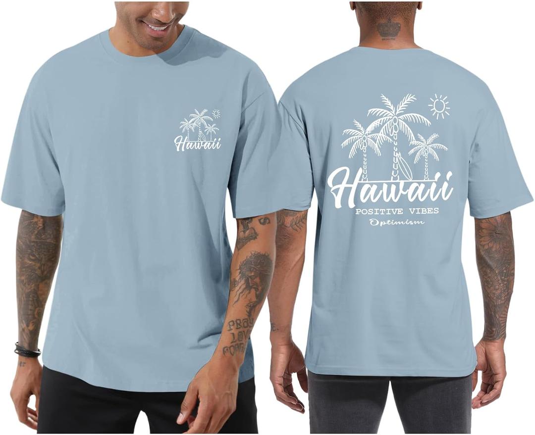 Pairxily Mens Graphic Tees Vintage Beach Vacation T Shirts Positive Vibes Tropical Printed Shirt Oversized Short Sleeve Tops(Light Gray Blue, M)