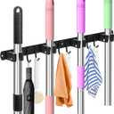 Mop Broom Holder Wall Mount, Black Stainless Steel Tool Storage Organizer for Kitchen Garden Garage Laundry Room Bathroom and RV with 4 Slots 6 Hooks (Black-1 Pack)