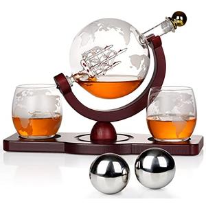 PONPUR Gifts for Men Dad Valentines Day, Whiskey Decanter Globe Set with 2 Ball Stones & 2 Glasses, Anniversary Birthday Gifts for Him Husband Boyfriend Brother, Cool Stuff Gift for Bourbon Scotch