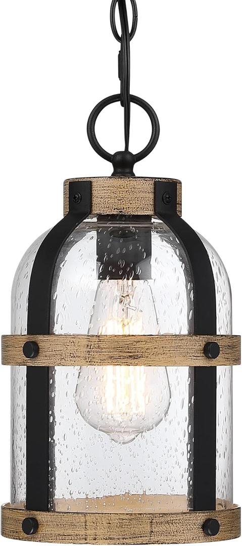 Outdoor Pendant Light for Porch,Modern Exterior Hanging Lantern with Adjustable Chain, in Black and Wood Grain Finish with Seeded Glass for Front Door,Entryway,Farmhouse (Wood Grain)