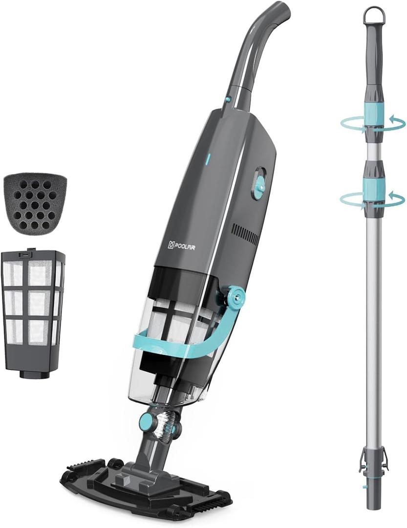PoolMr Cordless Handheld Pool Vacuum For Above & Inground Pools, with 18.5 Gal/Min Suction, 60 Min Runtime, Dual-Phase Cleaning System,65in Telescopic Pole, for Spas & Hot Tubs, Charcoal (New Version)