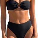 SUUKSESS Women Bandeau O Ring Bikini Sets Tie Back High Waisted 2 Piece Swimsuit (Black, XL)