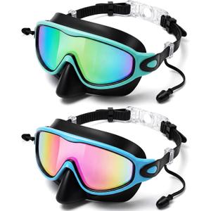 Kids Swim Goggles with Nose Cover Wide View Diving Mask Anti Fog UV No Leaking Pool Swimming Goggle for Youth 8-14 (Green Colorful Green Gold, Blue Colorful Pink)
