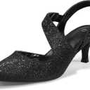 mysoft Women's Dress Shoes Low Heels 2 inch Kitten Pumps Slingback Wedding Party Medium/Wide Width Shoes (Black Glitter)