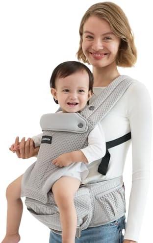 Momcozy Baby Carrier with Hip Seat, 2-in-1 Forward-Facing Carry for Active Babies, Detachable Hands-Free Carrier up to 44lbs, Breathable Infant Carrier Fits Waist Sizes up to 45 Inches, AirMesh Grey