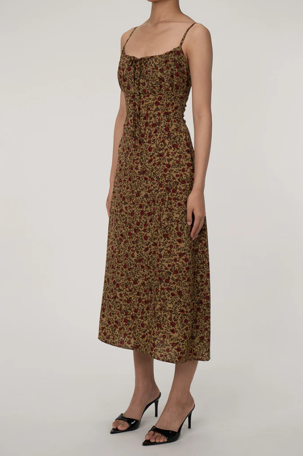 FRENCH STYLE TIE NECK GATHERED SMOCKED FLORAL PRINT SLIP MIDI SUNDRESS