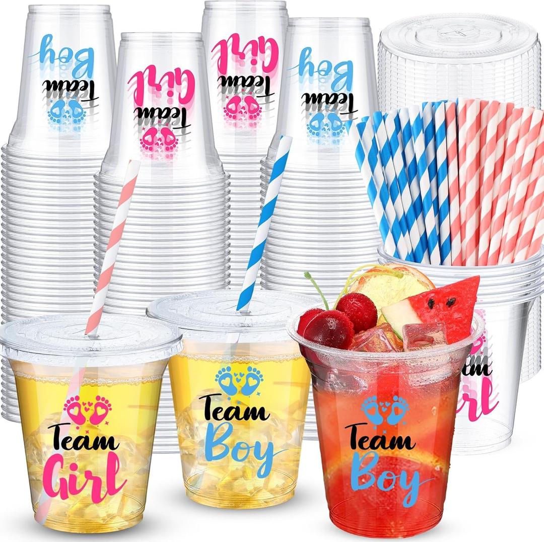 50 Pack Gender Reveal Party Plastic Cups with Lids and Paper Straws, 12 oz Disposable Team Boy Team Girl Gender Reveal Clear Plastic Cup for Blue Pink Baby Shower Party Favor Supplies