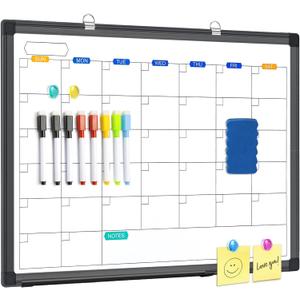 Dry Erase Calendar Whiteboard for Wall, 24" x 18" Magnetic Monthly White Board Calendar Dry Erase, Black Aluminum Frame with Tray for Home, School, Office