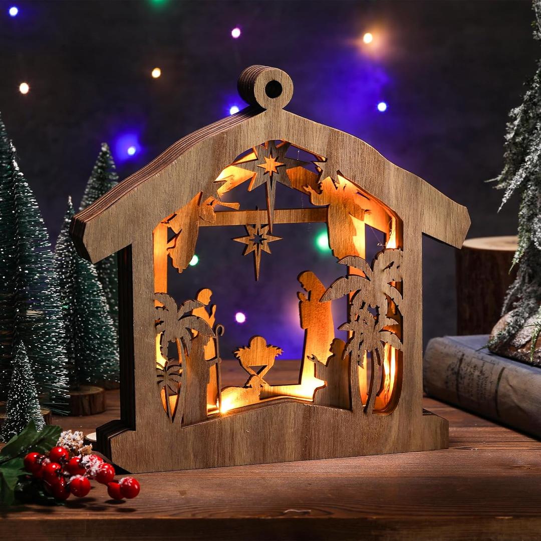 Bucherry Wooden Nativity Scene Set Christmas Nativity Scene Tabletop Set Christmas Ornament Christian Religious Rustic Decorations with LED Light for Shelves Tables Decorations Indoor Decor(Hut)