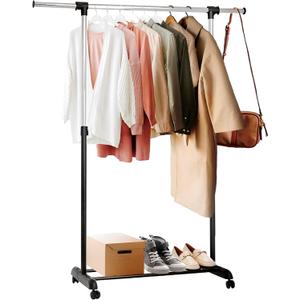 ikloo Clothing Rack with Wheels for Hanging Clothes, Extendable and Adjustable Garment Racks, Freestanding Rolling Closet Laundry Racks for Drying, Portable Clothes Organizer with Shelves, Chrome (Small)