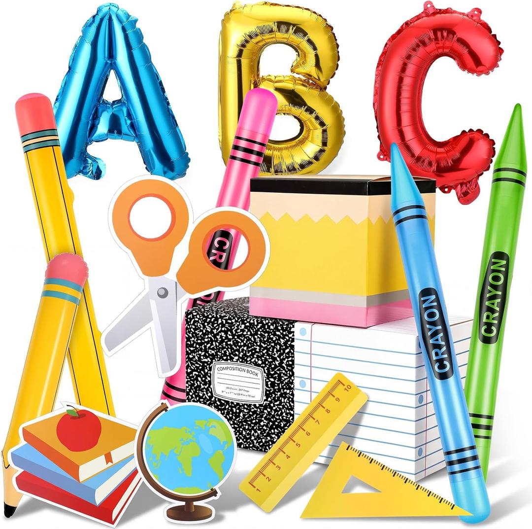 Kathfly 16 Pcs Back to School Themed Party Decorations with ABC Giant Pencil Crayon Balloons Paper Stickers for First Day of School Kindergarten Graduation Classroom Party Supplies