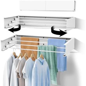 Laundry Drying Rack Collapsible,Wall Mounted Clothes Drying Rack Foldable,Indoor Drying Rack Clothing- 23.6" Wide 4 Aluminum Rods 60lb Capacity with Wall Template,Screw,Drill Bit (23.6 inch, White)